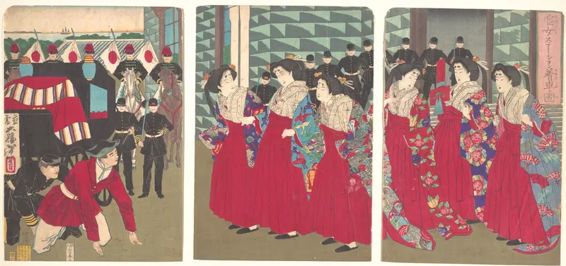 Illustration of Ladies-in-waiting boarding at a station (Kanjo sutēshon chakusha zu) Wall Art by Tsukioka Yoshitoshi - High-Resolution Digital Print