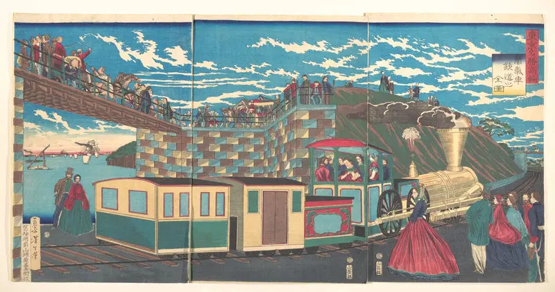 Illustration of Steam Locomotive Tracks at Takanawa, from the series Famous Places in Tokyo  (Tōkyō meishō Takanawa-jōki kikansha no zen zu)