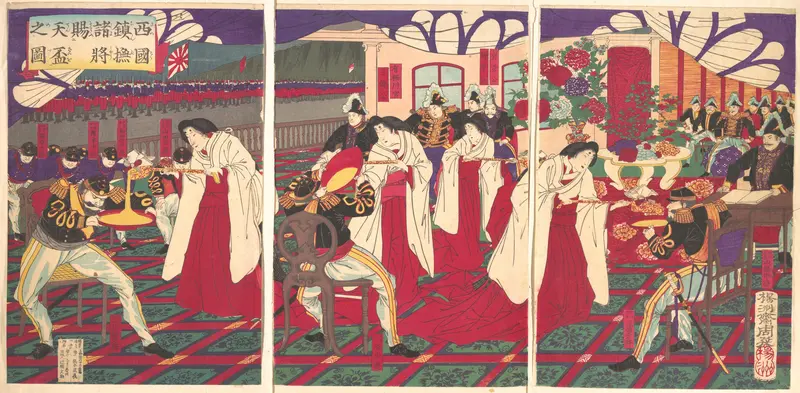 Illustration of the Commanders who Pacified Western Japan, Receiving the Emperor's Gift Cups (Saigoku chinbu shoshō tenpai o tamau no zu)