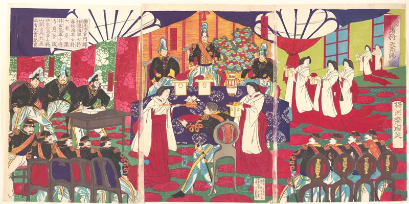 Illustration of the Commanders who Pacified Western Japan, Receiving the Emperor's Gift Cups (Saigoku chinsei shoshō tenpai o tamawaru no zu)