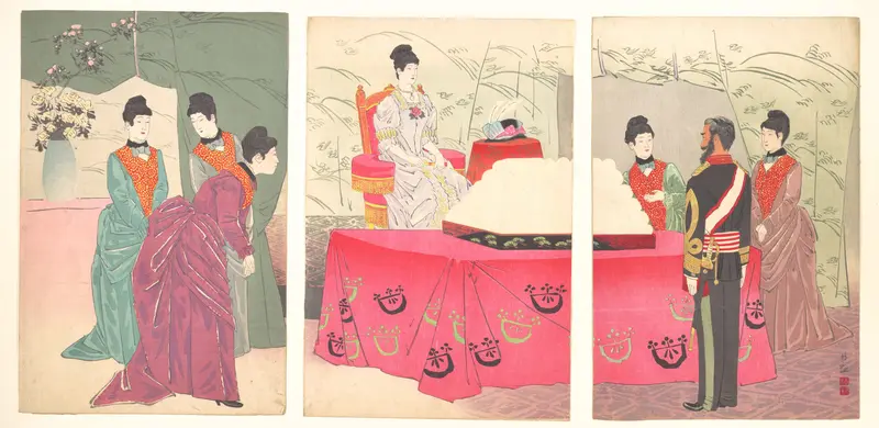 Illustration of the  Empress Visiting the General Staff Headquarters [to present a tray of bandages]  (Sanbō honbu gyōkei no zu) Wall Art by Kobayashi Kiyochika - High-Resolution Digital Print