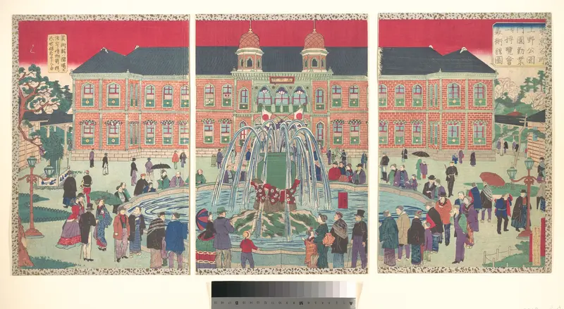 Illustration of the Museum at the Second National Industrial Exhibition in Ueno, from the series Famous Places in Tokyo (Tokyo meisho-Ueno kōen naikoku kangyō daini hakurankai bijutsukan zu) Wall Art by Utagawa Hiroshige III - High-Resolution Digital Print