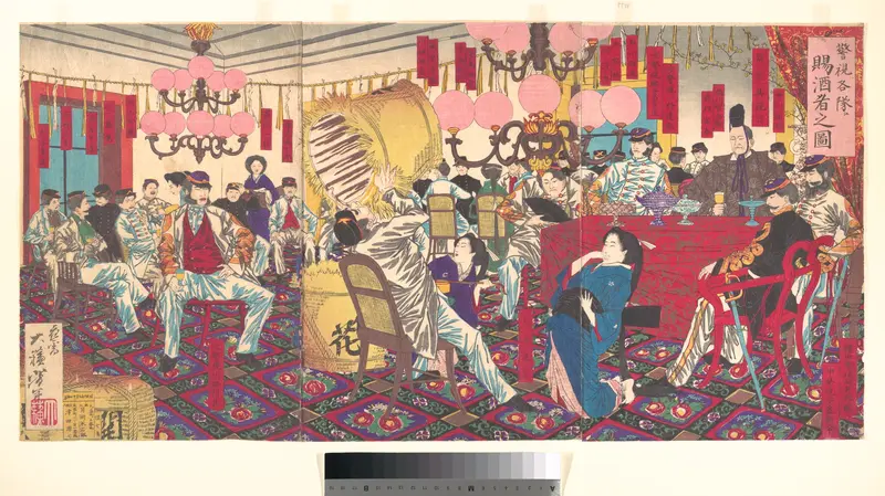 Illustration of the Police Superintendent and his men Receiving Wine (Keishi kakutai e sake tamawaru mono no zu) Wall Art by Tsukioka Yoshitoshi - High-Resolution Digital Print