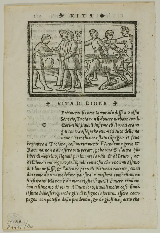 Illustration to Life of Dion from La Seconda Parte delle Vite di Plutarcho di greco in latino & di latino in volgare tradotte, plate 85 from Woodcuts from Books of the XVI Century Wall Art by Unknown artist - High-Resolution Digital Print