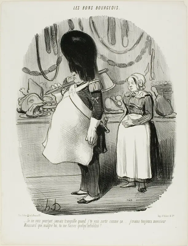 “- I'm never calm when I see you go out like this... I am always afraid, Monsieur Moussard, that you may be infidel,” plate 67 from Les Bons Bourgeois