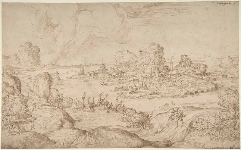 Imaginary Coastal Landscape with Ruins Wall Art by Domenico Campagnola - High-Resolution Digital Print