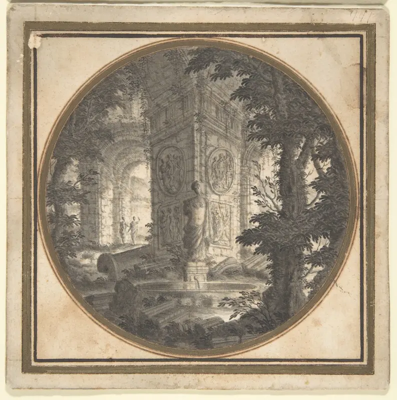 Imaginary Landscape with Classical Ruins; Fountain in Foreground Wall Art by Carlo Fantaccini - High-Resolution Digital Print