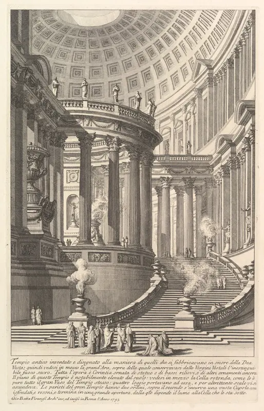 Imaginery ancient temple designed in the style of those built in honor of the Goddess Vesta... (Tempio antico inventato e disegnato alla maniera di quelli che si fabbricavano in onore della Dea Vesta...), from "Prima Parte di Architettura, e Prospett