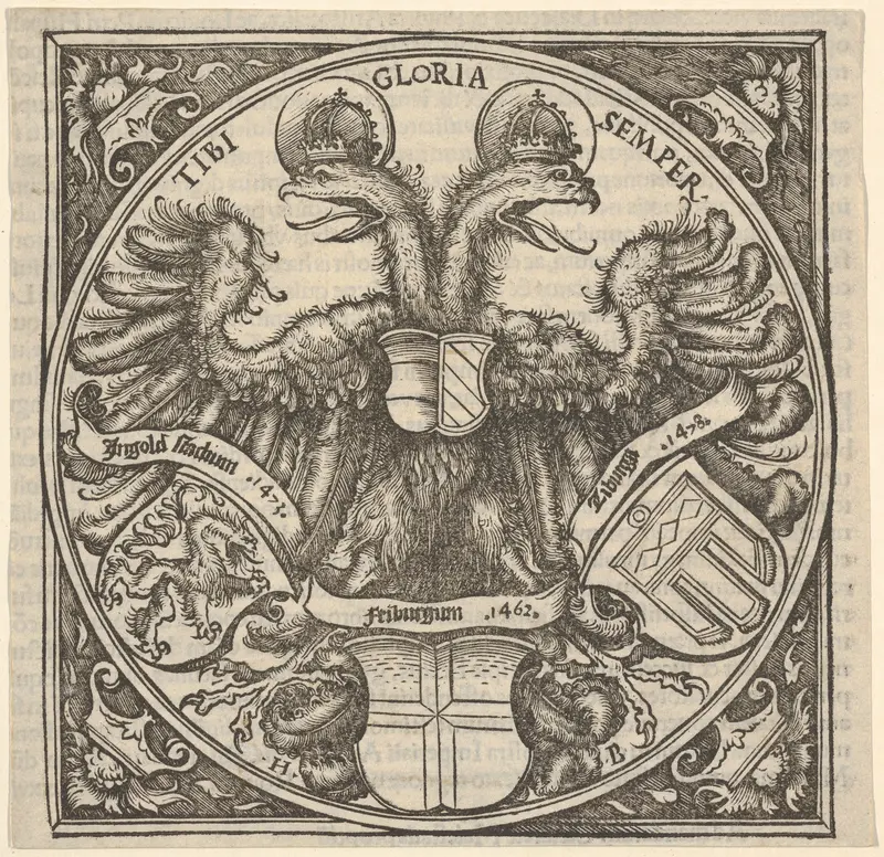 Imperial Double Eagle with the Coat of Arms of Ingolstadt, Freiburg, and Tübingen, from Joan. Eckii Theologi in summulas Petri Hispani extemporaria et succincta atque succosa explanatio p[ro] sup[er] ioris Germaniae scholasticis Wall Art by Hans Burgkmair - High-Resolution Digital Print