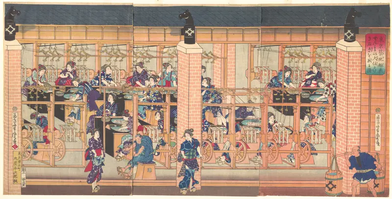 Imported Silk Reeling Machine at Tsukiji in Tokyo Wall Art by Utagawa Yoshitora - High-Resolution Digital Print