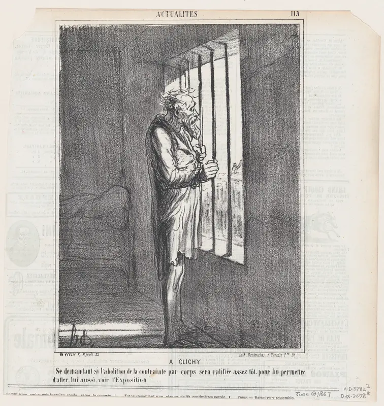 In Clichy: wondering if the repeal of the sentence will be quickly ratified, to allow him to see the exhibition, from 'News of the day,' published in Le Charivari, June 18, 1867 Wall Art by Honoré Daumier - High-Resolution Digital Print