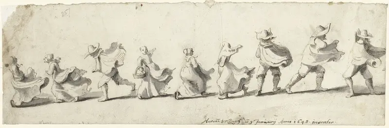 In de wind lopende figuren op een rij Wall Art by Unknown - High-Resolution Digital Print