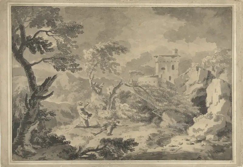 In een landschap slaat de bliksem op de voorgrond in Wall Art by Unknown - High-Resolution Digital Print