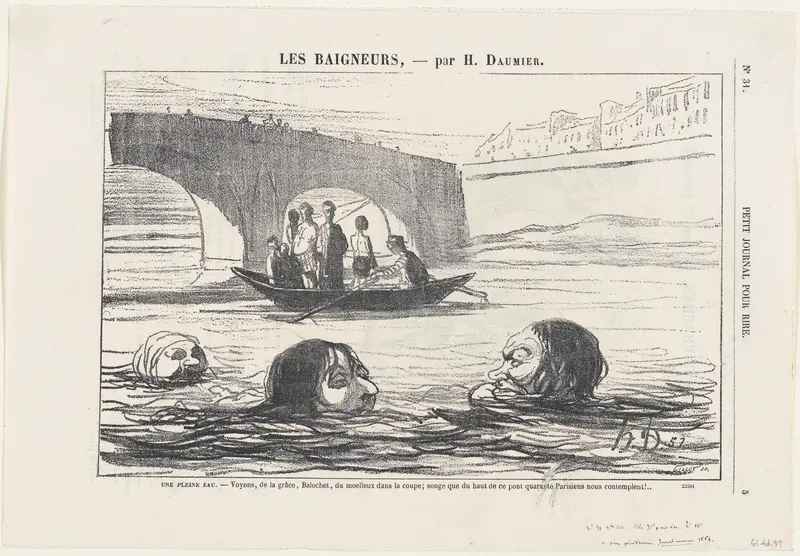 In the middle of the river: Come on, Balochet, give it a push!... You mustn't forget that some forty Parisians are watching us from the bridge up there!, from 'The bathers,' published in Le Petit Journal pour Rire, July 30, 1864 Wall Art by Honoré Daumier - High-Resolution Digital Print