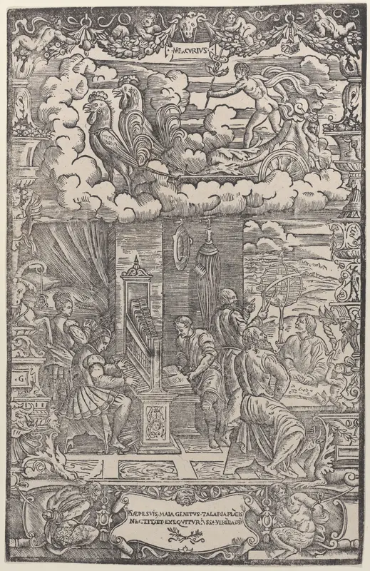 In upper section Mercury in a chariot drawn by two cocks, below musicians and astronomers, from 'The Seven Planets' Wall Art by Girolamo Grandi - High-Resolution Digital Print