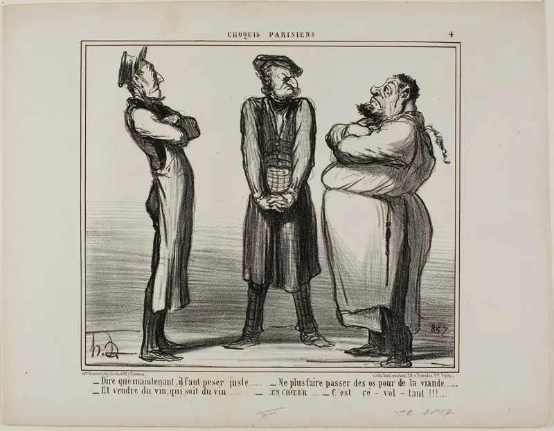 “- Incredible... but we now have to give the exact weight! - and we can no longer sell bones for meat - and wine really has to be wine! - all together now: It's DISGUSTING!,” plate 4 from Croquis Parisiens