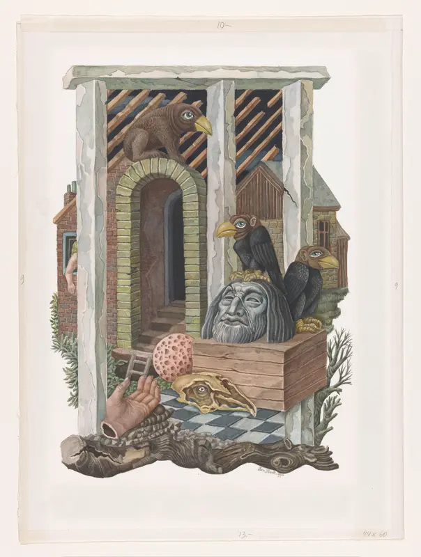 Ingang van een huis met vogels en een hand Wall Art by Unknown - High-Resolution Digital Print