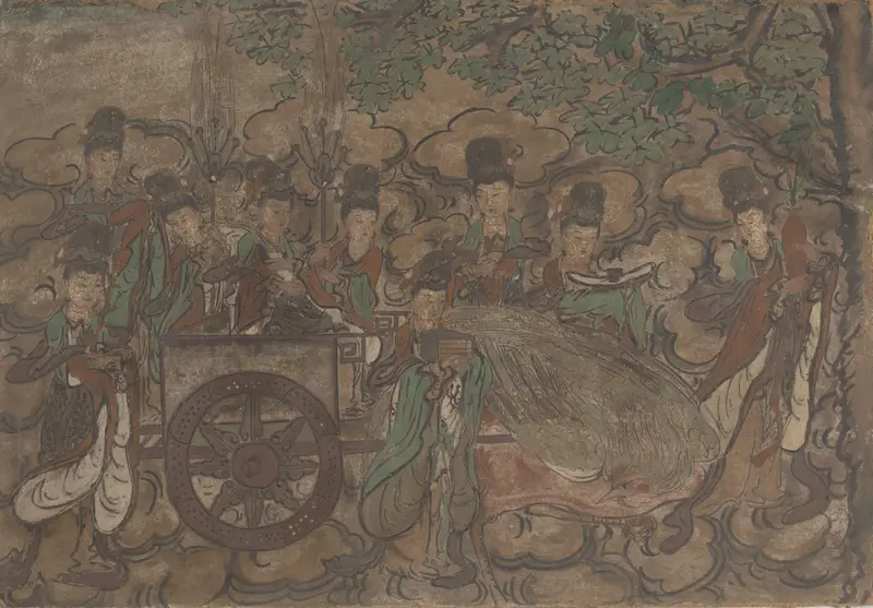 Ingelijste muurschildering voorstellende Xiwangmu en dienaressen Wall Art by anonymous - High-Resolution Digital Print
