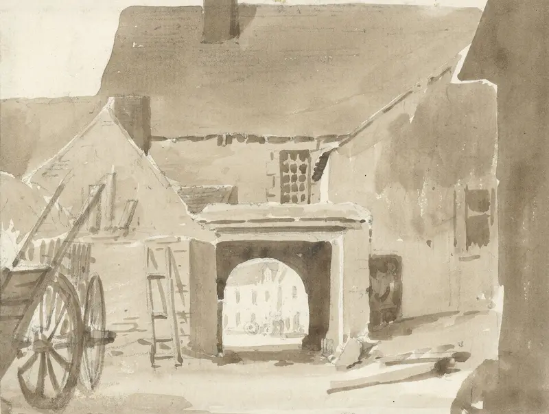 Inrit van een groot dorpshuis, van de binnenhof uit gezien Wall Art by Pierre Luc Charles Cicéri - High-Resolution Digital Print