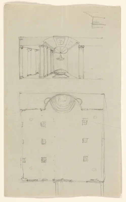 Interieur en plattegrond van een gebouw, mogelijk een kerk of tempel Wall Art by A.J. Schouten (1775-1849) - High-Resolution Digital Print