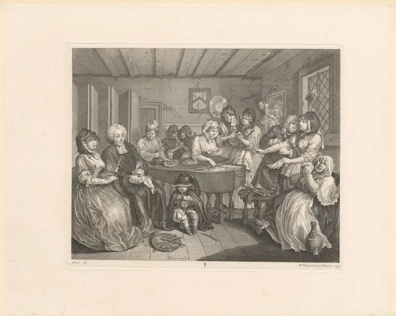 Interieur met dertien figuren rondom de grafkist van Moll Hackabout Wall Art by Unknown - High-Resolution Digital Print