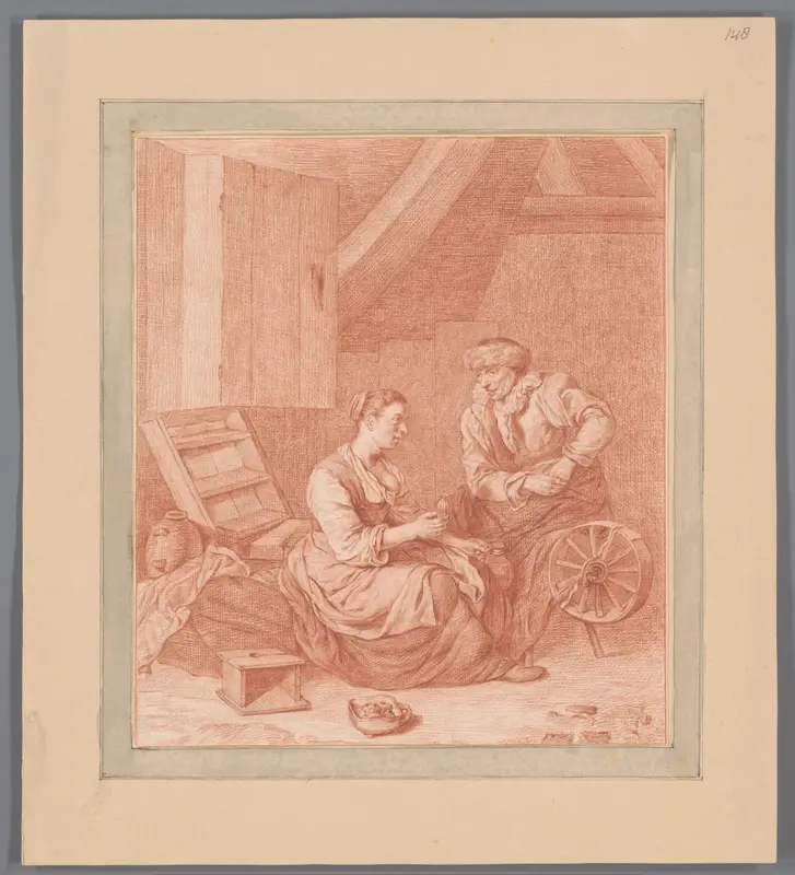 Interieur met een jonge vrouw bij een spinnewiel Wall Art by anonymous - High-Resolution Digital Print