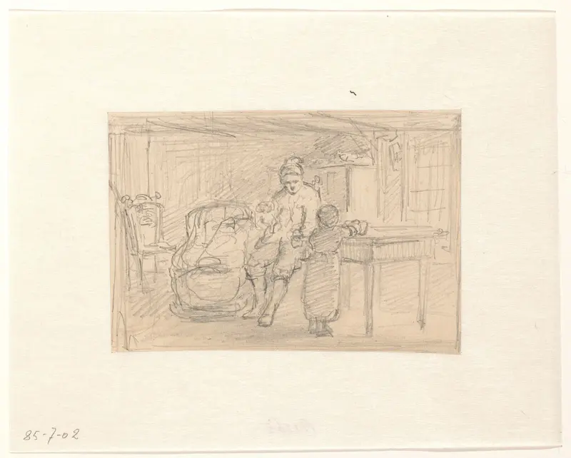 Interieur met een man aan een tafel, een wieg en een meisje Wall Art by Hendrik Valkenburg - High-Resolution Digital Print