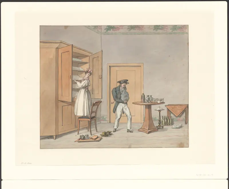 Interieur met een man met een stapel borden en een vrouw bij een linnenkast Wall Art by Unknown - High-Resolution Digital Print