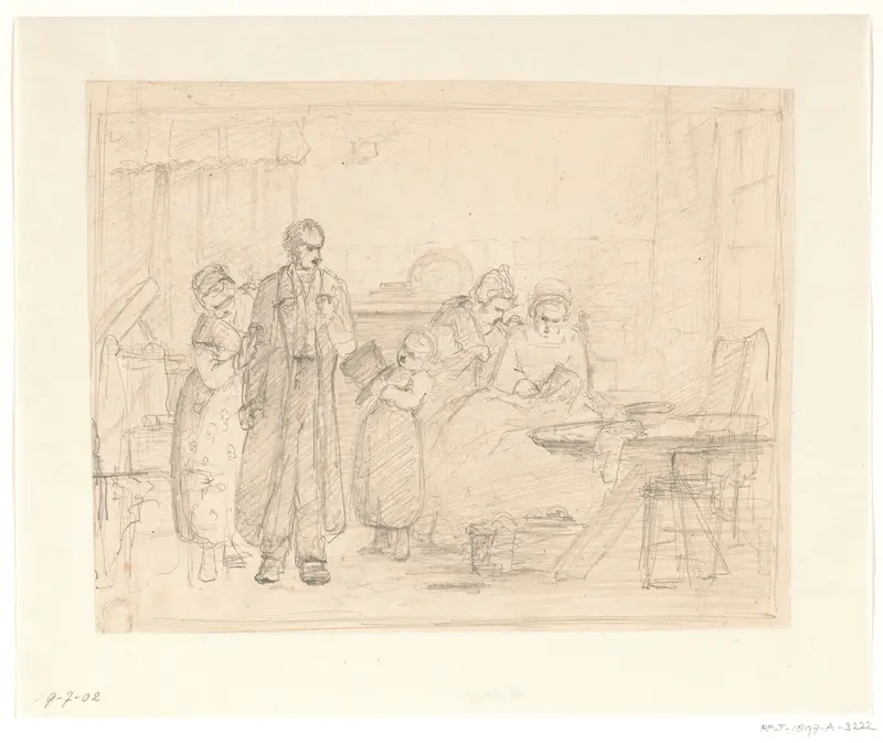 Interieur met een man, naaiende vrouwen en kinderen Wall Art by Hendrik Valkenburg - High-Resolution Digital Print