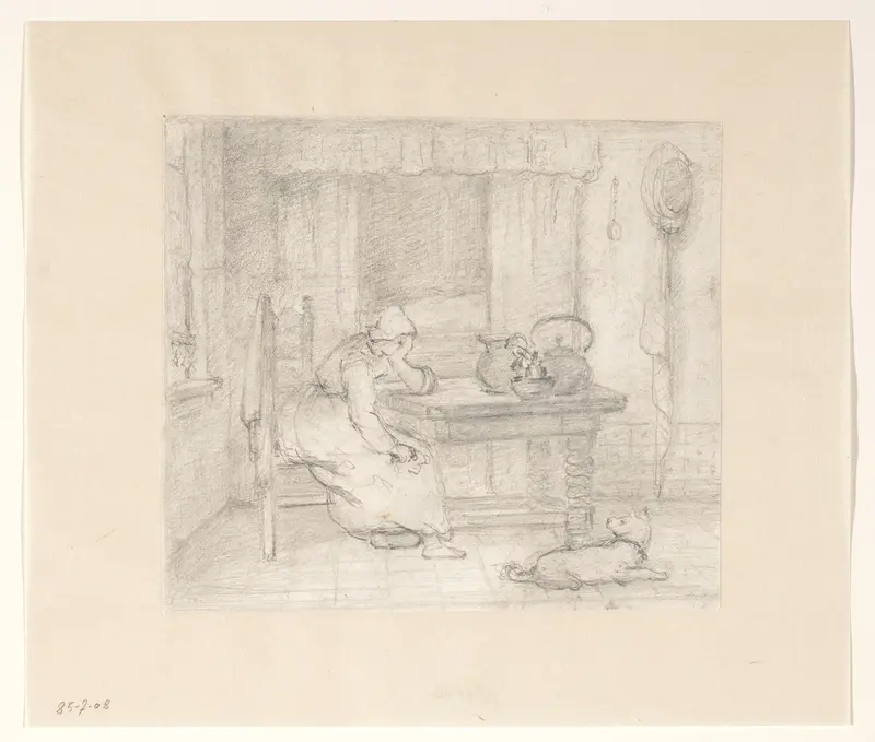 Interieur met een vrouw aan een tafel Wall Art by Hendrik Valkenburg - High-Resolution Digital Print