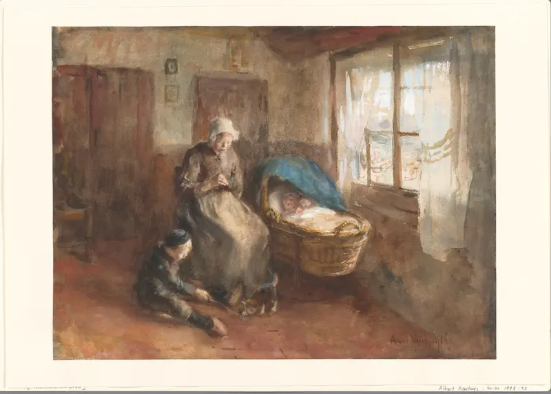 Interieur met een vrouw bij een wieg en een jongetje op de grond Wall Art by Albert Neuhuys (1844-1914) - High-Resolution Digital Print