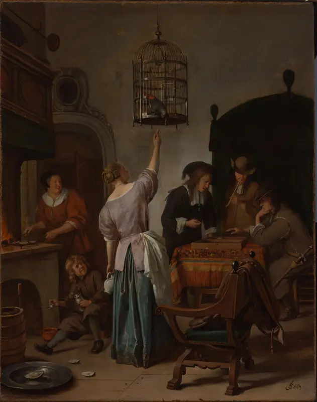 Interieur met een vrouw die een papegaai voert, beter bekend als ‘De papegaaienkooi’ Wall Art by Jan Havicksz. Steen - High-Resolution Digital Print