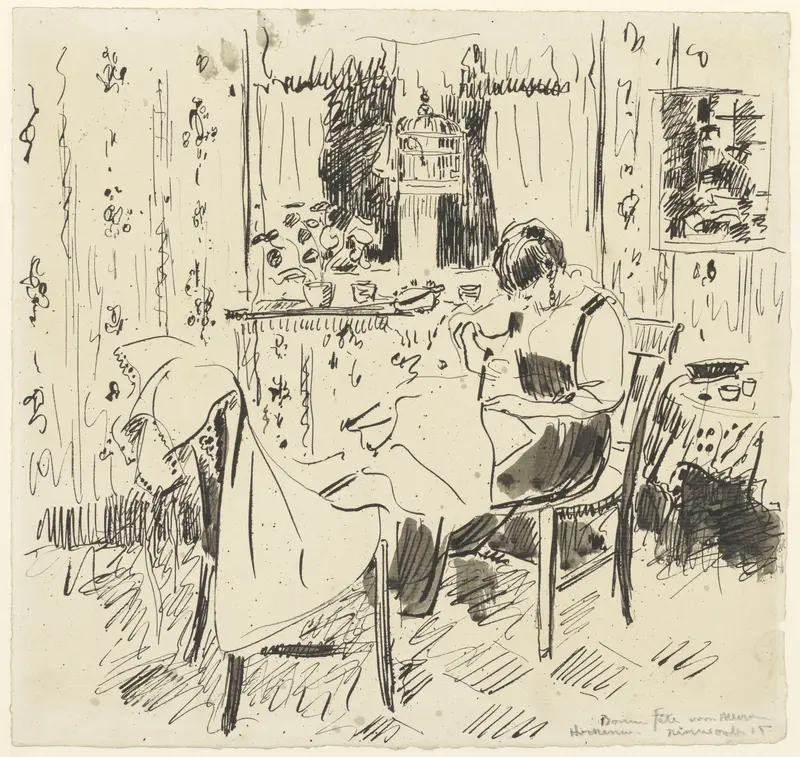 Interieur met een vrouw, die stof voor een kostuum snijdt Wall Art by Rik Wouters - High-Resolution Digital Print