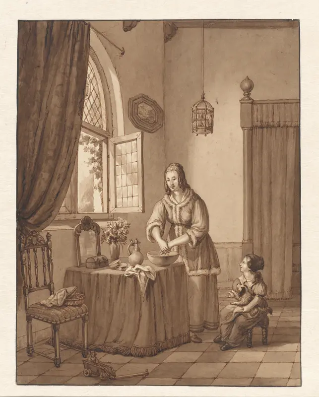 Interieur met een vrouw en een meisje met een hond Wall Art by Johan Philip van der Kellen - High-Resolution Digital Print