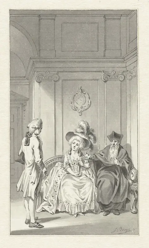 Interieur met geestelijke, dame en jongeman Wall Art by Jacobus Buys - High-Resolution Digital Print