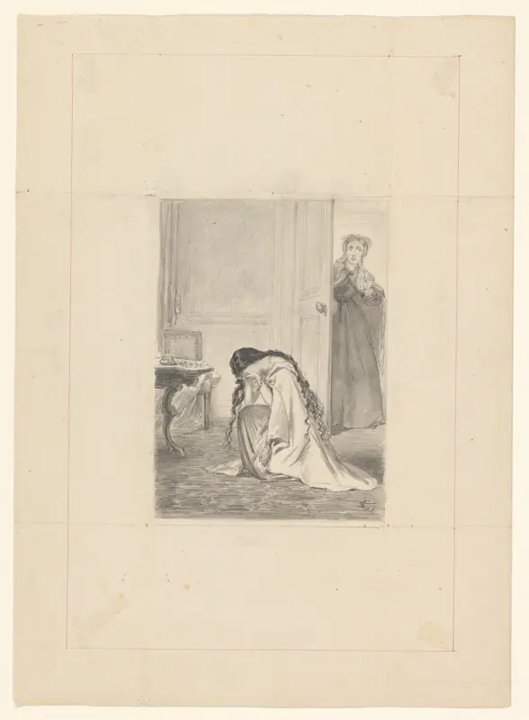 Interieur met geknielde huilende vrouw Wall Art by Unknown - High-Resolution Digital Print