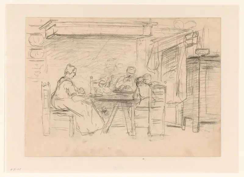 Interieur met gezin aan de maaltijd Wall Art by Hendrik Valkenburg - High-Resolution Digital Print