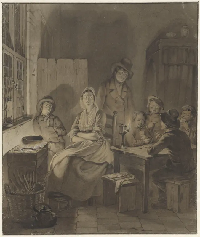 Interieur met groep mensen rond tafel bij kaarslicht Wall Art by Willem Pieter Hoevenaar - High-Resolution Digital Print