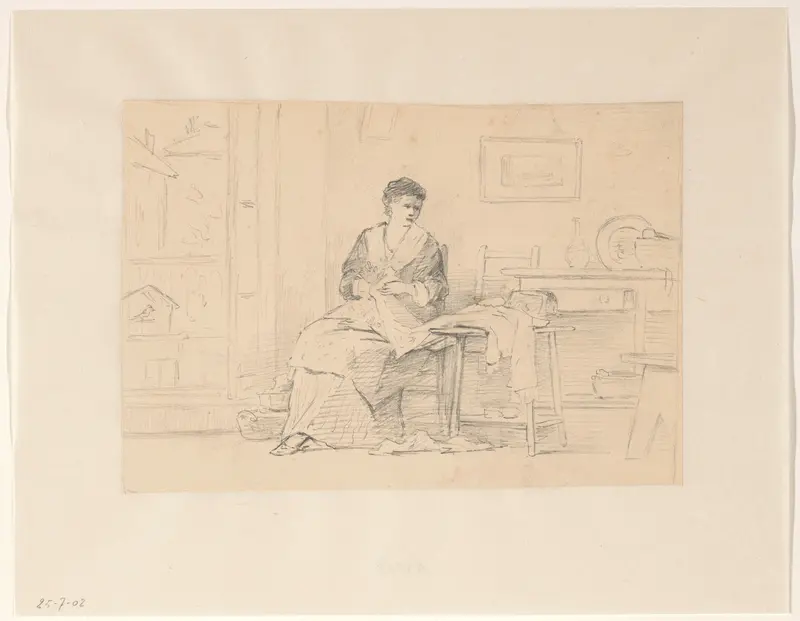 Interieur met jonge vrouw met handwerk Wall Art by Hendrik Valkenburg - High-Resolution Digital Print