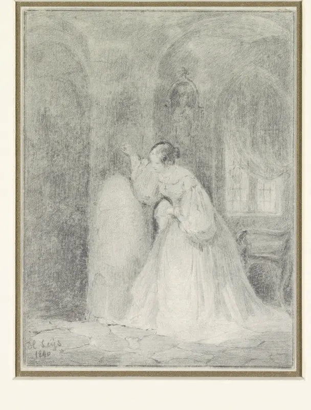 Interieur met jonge vrouw steunend tegen een zuil Wall Art by Henri Leys (baron) - High-Resolution Digital Print