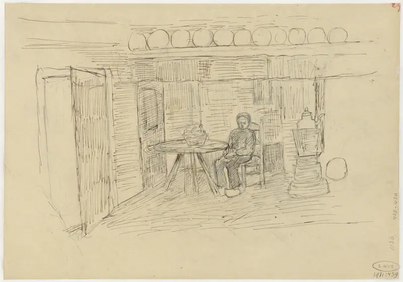 Interieur met jongen zittend aan een tafel