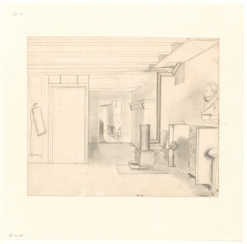 Interieur met kachel en een borstbeeld op een kastje Wall Art by Albertus Brondgeest - High-Resolution Digital Print