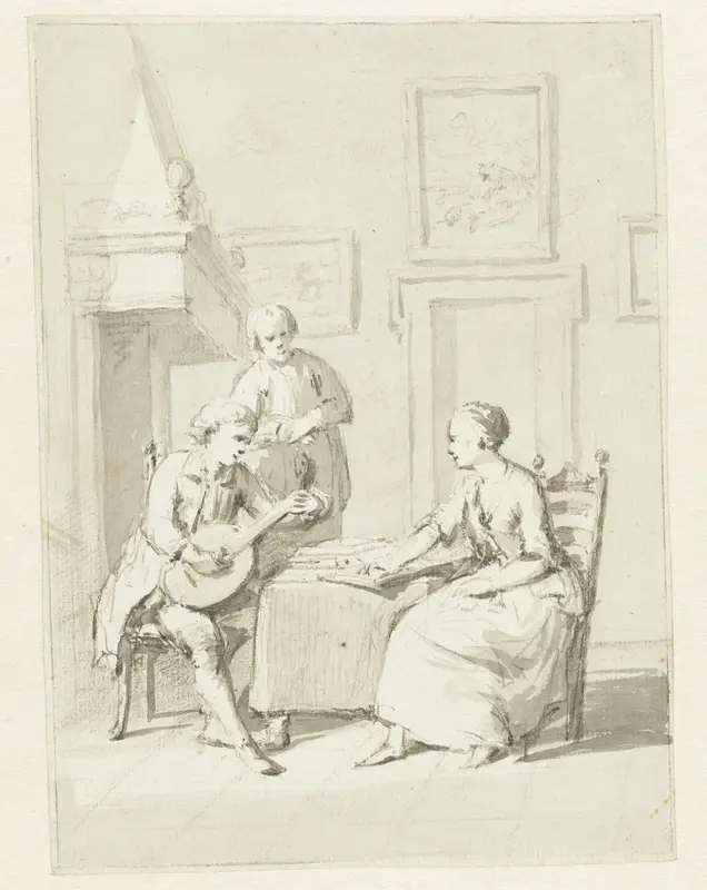 Interieur met luitspeler, zittende vrouw en staande man Wall Art by Pieter Bartholomeusz. Barbiers - High-Resolution Digital Print