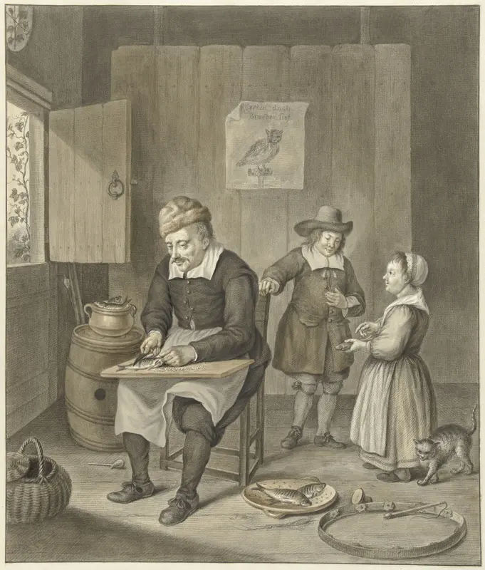Interieur met man die vissen schoon maakt en twee kinderen Wall Art by Abraham Delfos - High-Resolution Digital Print