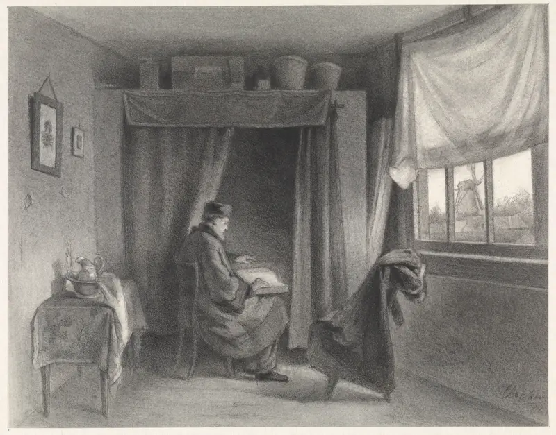 Interieur met man die voorleest aan een zieke in bed Wall Art by Hendrik Adriaan Christiaan Dekker - High-Resolution Digital Print