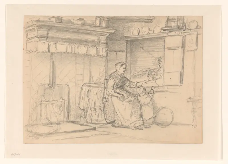 Interieur met moeder en kind bij een bedstede Wall Art by Hendrik Valkenburg - High-Resolution Digital Print
