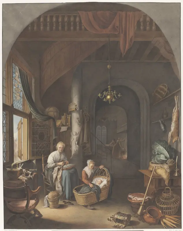 Interieur met moeder en kinderen Wall Art by Abraham Lion Zeelander - High-Resolution Digital Print