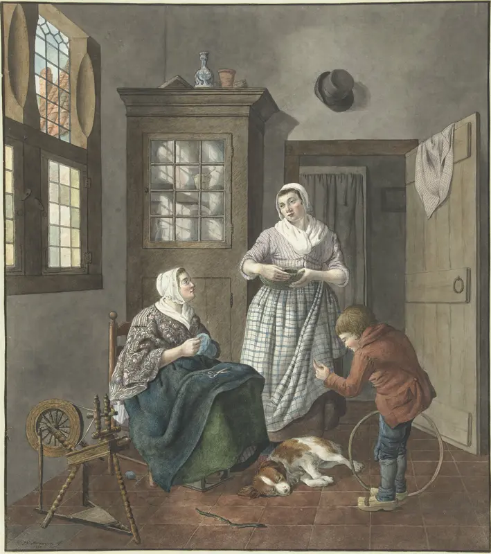 Interieur met naaiende vrouw, dienstmeid en spelende jongen Wall Art by Hendrik Jan van Amerom - High-Resolution Digital Print