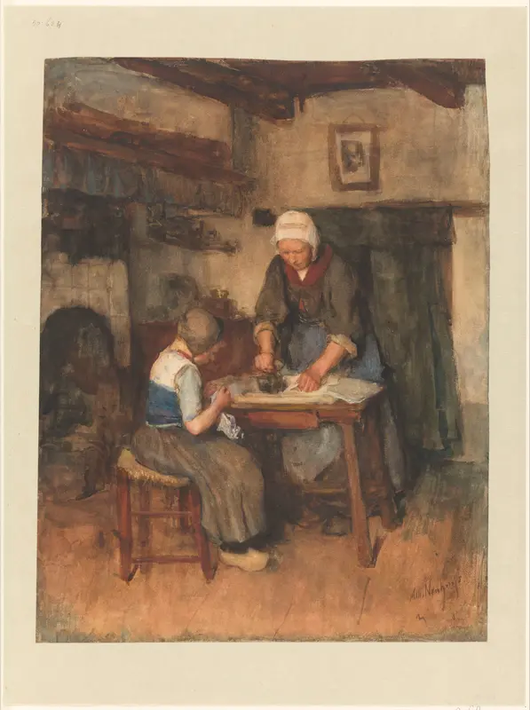 Interieur met strijkende vrouw en naaiend kind Wall Art by Unknown - High-Resolution Digital Print