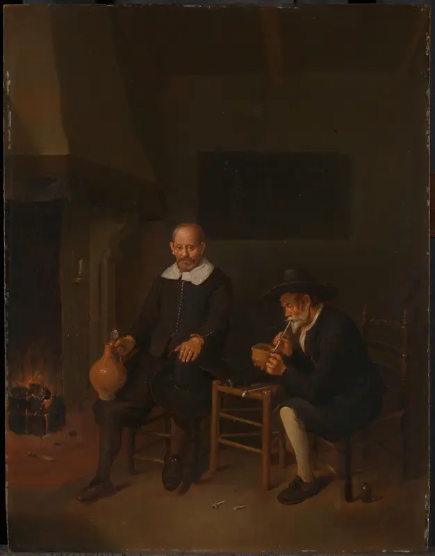 Interieur met twee mannen bij het vuur Wall Art by Quiringh Gerritsz. van Brekelenkam - High-Resolution Digital Print